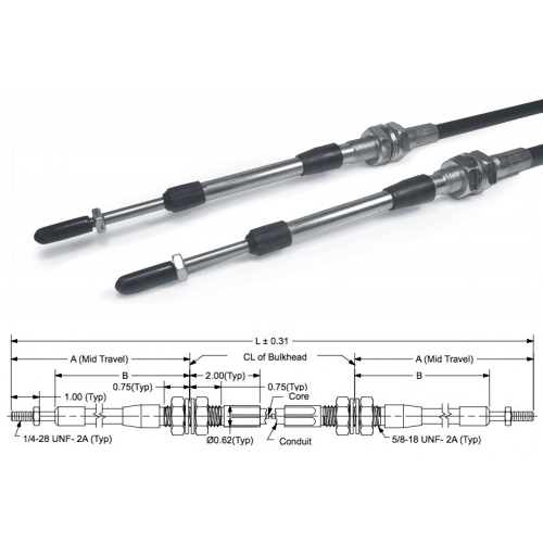 48″ Push/Pull Shifter Cable: 1/4-28 x 48″ long with 3″ Travel